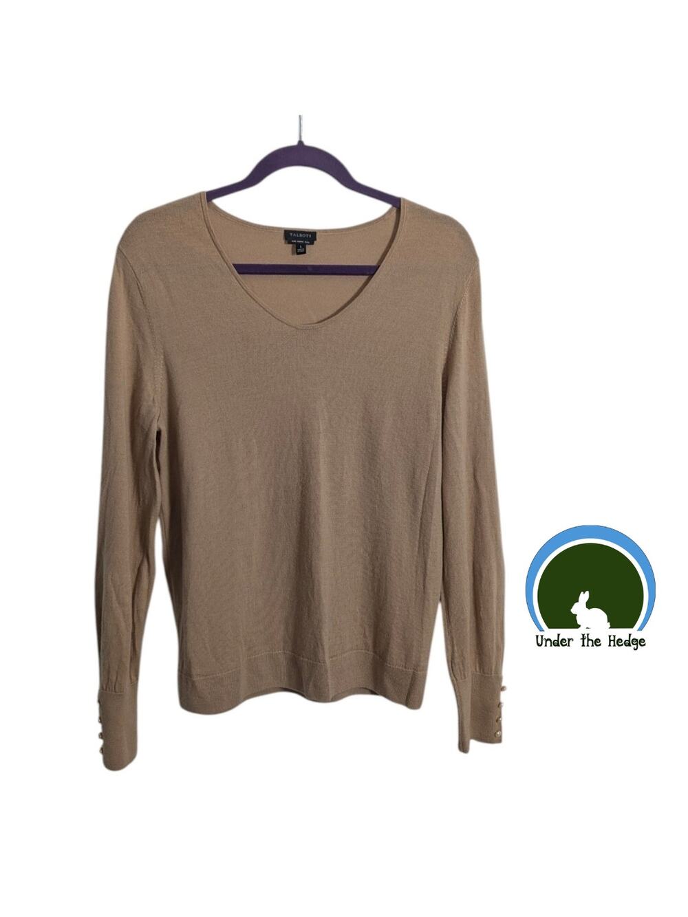 Talbots Tan Pure Merino Wool Pearl Cuff Long Sleeve Sweater Size Large o2